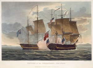 The Capture of the Chesapeake, 1. kesäkuuta 1813, kaivertanut Bailey J. Jenkinsin "Naval Achievements" -teokselle, 1816 (värikaiverrus)